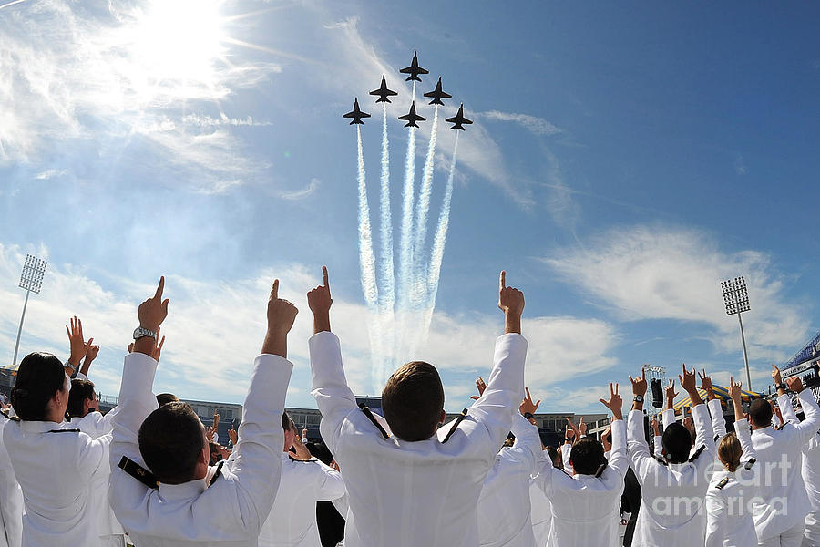 Blue Angels fly over the USNA graduation ceremony Painting by Celestial