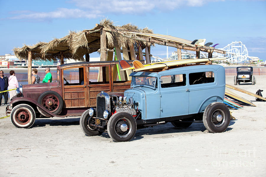 Blue Ford  roadster race car on the beach #2 Photograph by Anthony Totah