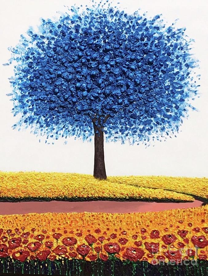 Blue Tree Painting by Carrie Rockwell Amerind