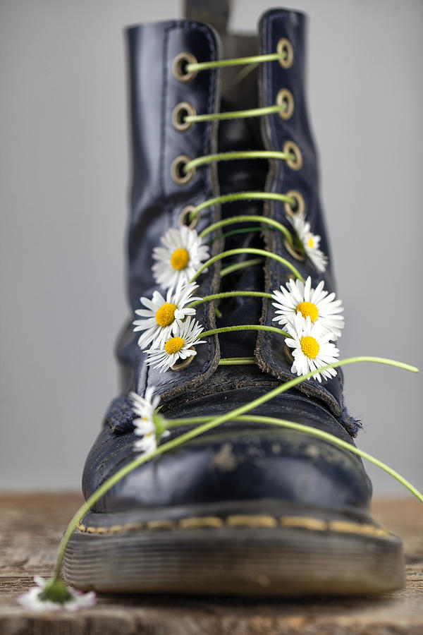 Boots With Daisy Flowers Photograph