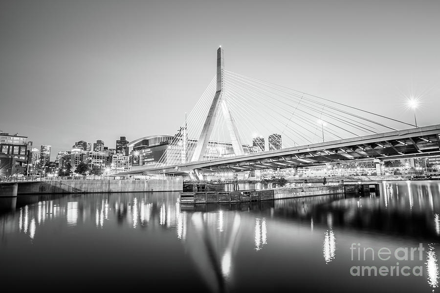 Boston Zakim Bridge at Night Black and White Photo #2 Photograph by Paul Velgos