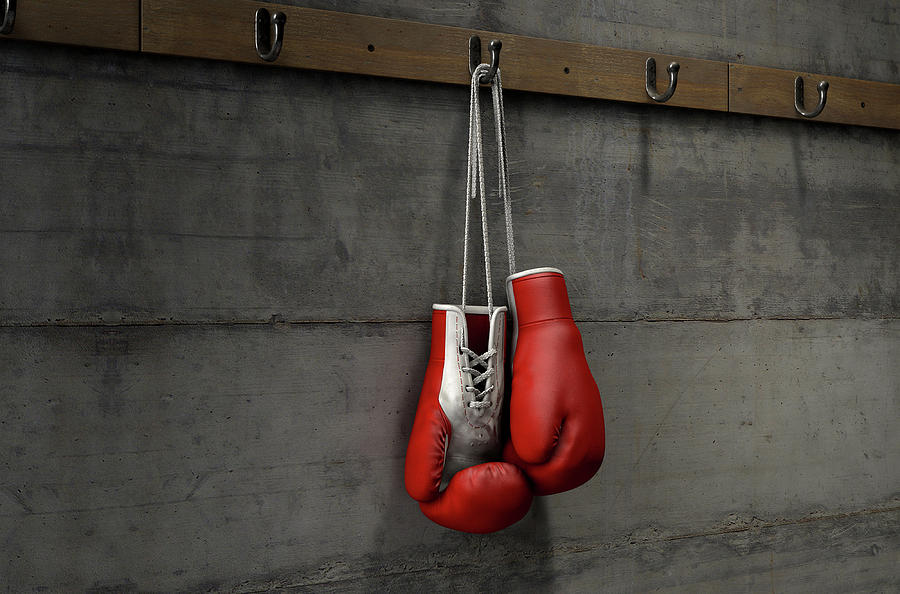 Boxing Gloves Hanging In Change Room. is a piece of digital artwork by Alla...