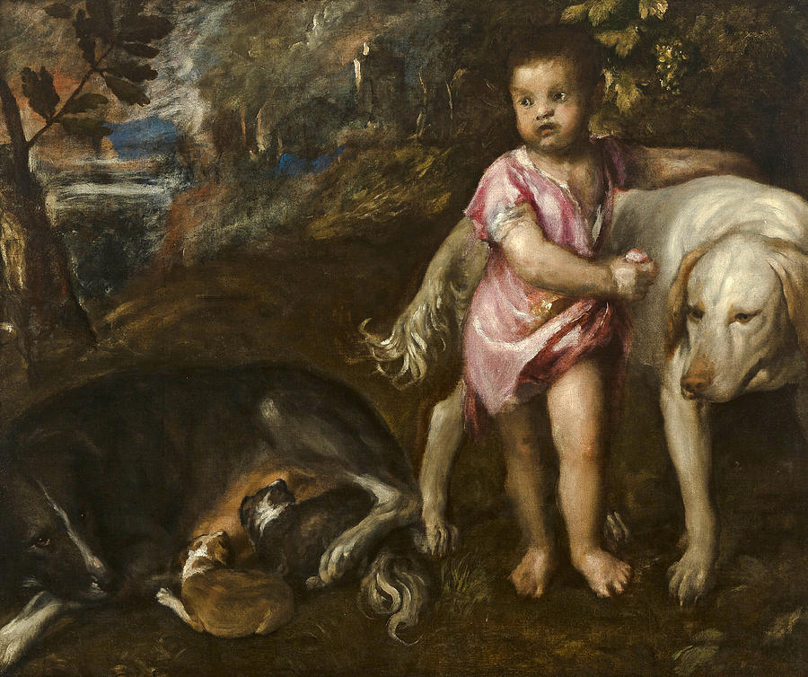 Boy with Dogs in a Landscape #3 Painting by Titian