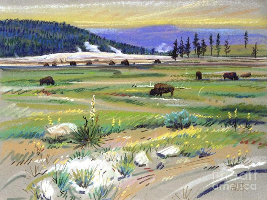 Yellowstone National Park Pastel - Buffaloes in Yellowstone by Donald Maier