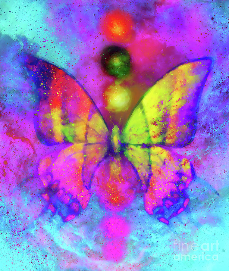 butterfly with light energetic chakras in cosmic space. Painting and  graphic design. by Jozef Klopacka