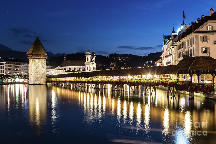 Chapel bridge in Lucerne at night, Switzerland.  #2 Photograph by Didier Marti