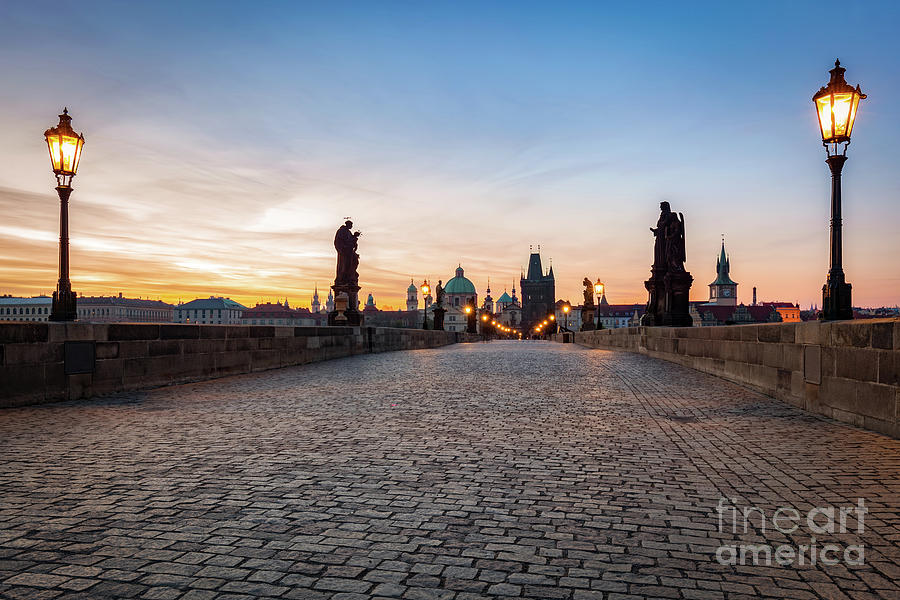 Charles Bridge at sunrise, Prague, Czech Republic. Dramatic statues and medieval towers. #2 Photograph by Michal Bednarek