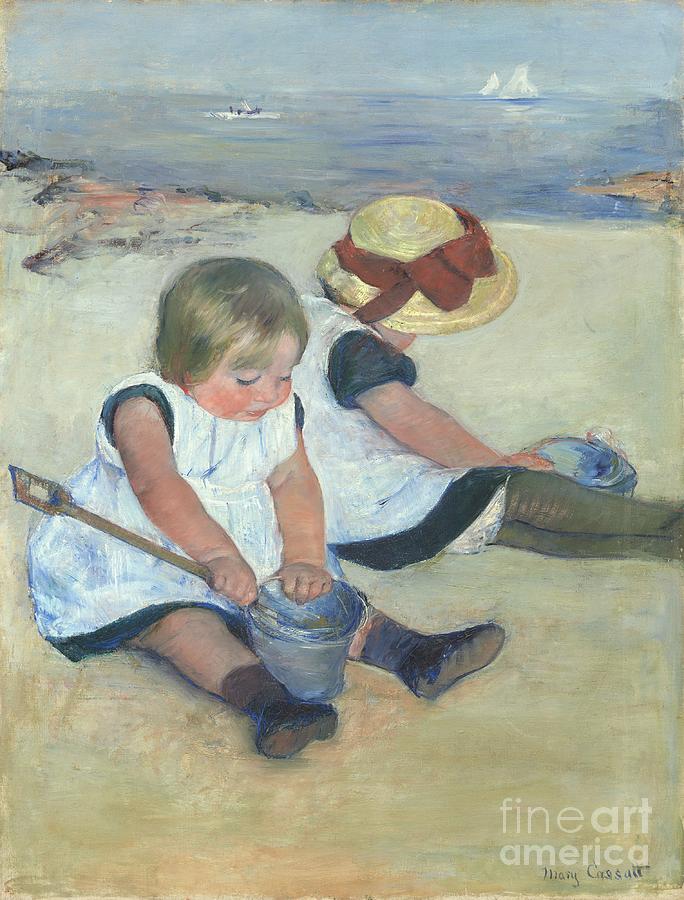 Hat Painting - Children Playing On The Beach #2 by Mary Cassatt