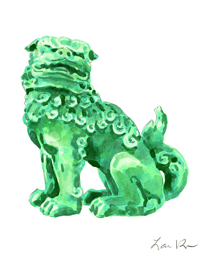 Chinese Foo Dog Fu Guardian Lion Jade Green Carved Asian Antique Chinoiserie Painting By Laura Row