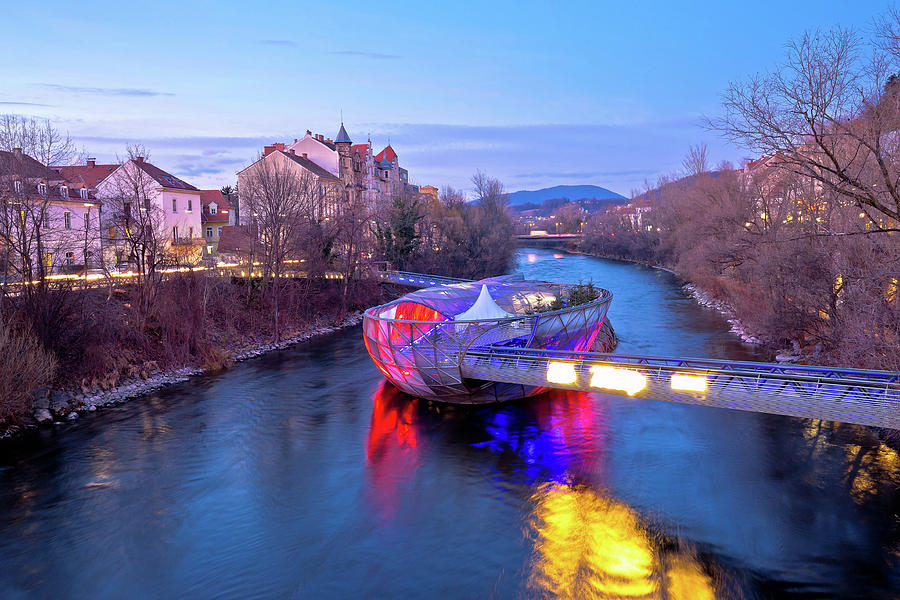 City of Graz Mur river and island evening view #2 Photograph by Brch Photography