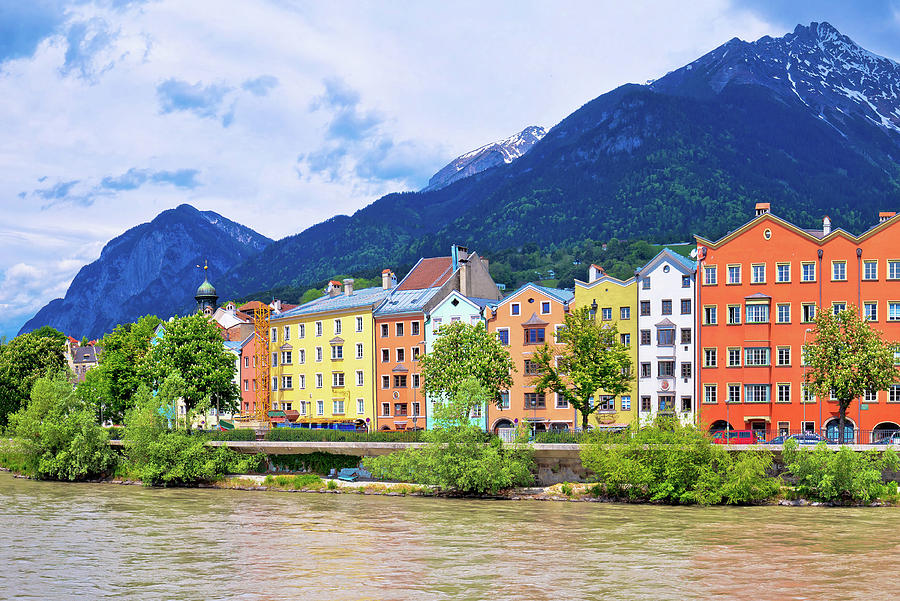 City of Innsbruck colorful Inn river waterfront panorama #2 Photograph by Brch Photography