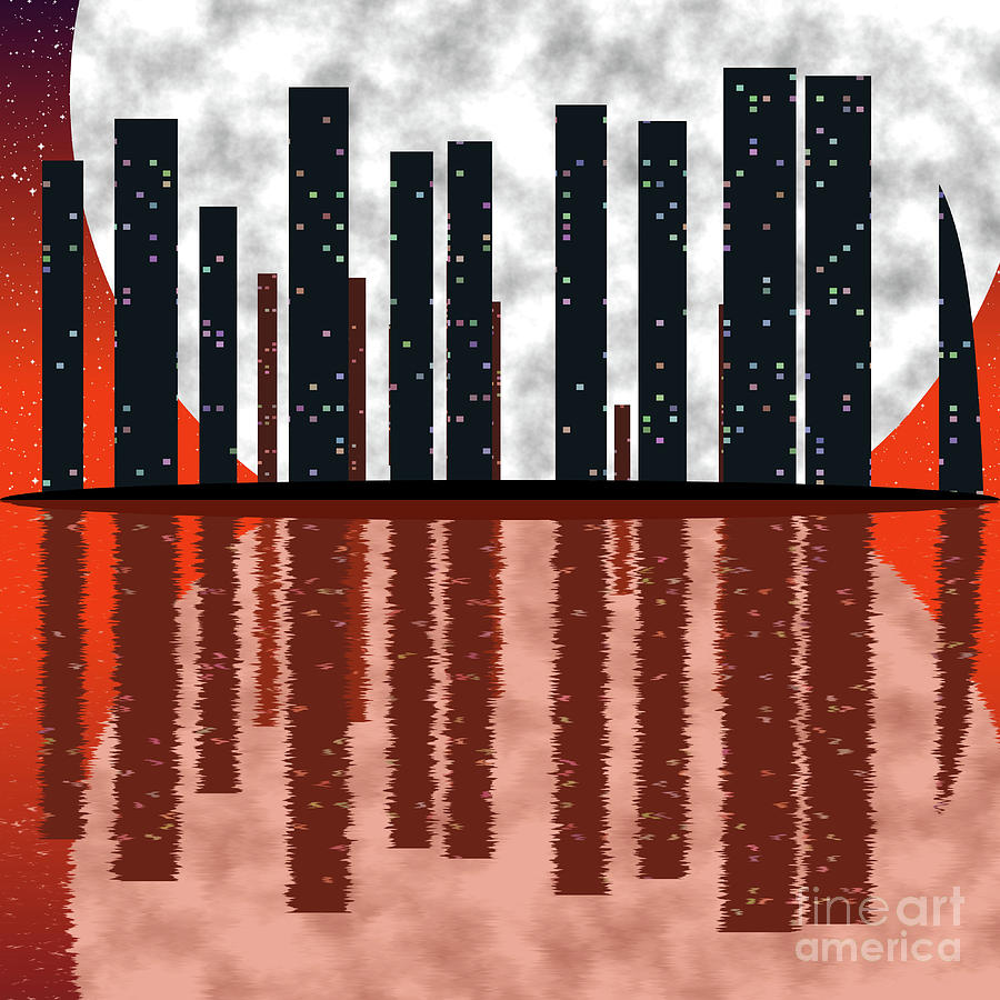 City skyline at full moon Digital Art by Michal Boubin