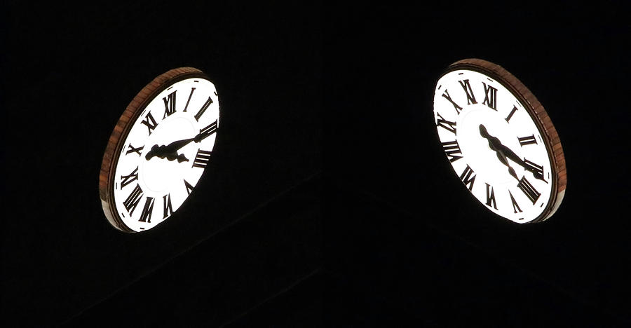 2 Clocks At Dark Photograph by Cora Wandel