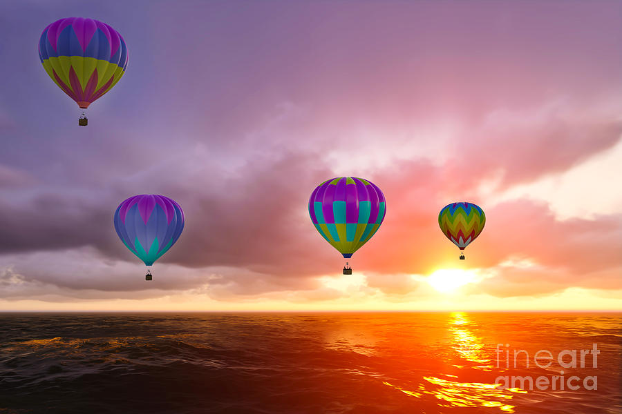 Sunset Digital Art - Colorful Hot Air Balloons over sea #2 by Tomislav Zivkovic