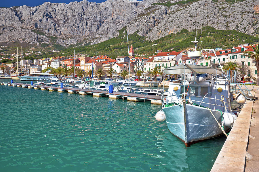 Colorful Makarska boats and waterfront under Biokovo mountain vi #2 Photograph by Brch Photography