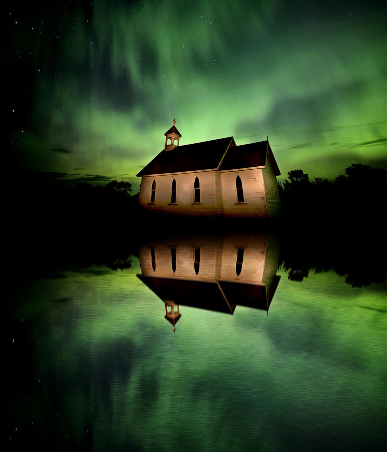 Summer Photograph - Country Church and Northern Lights #2 by Mark Duffy