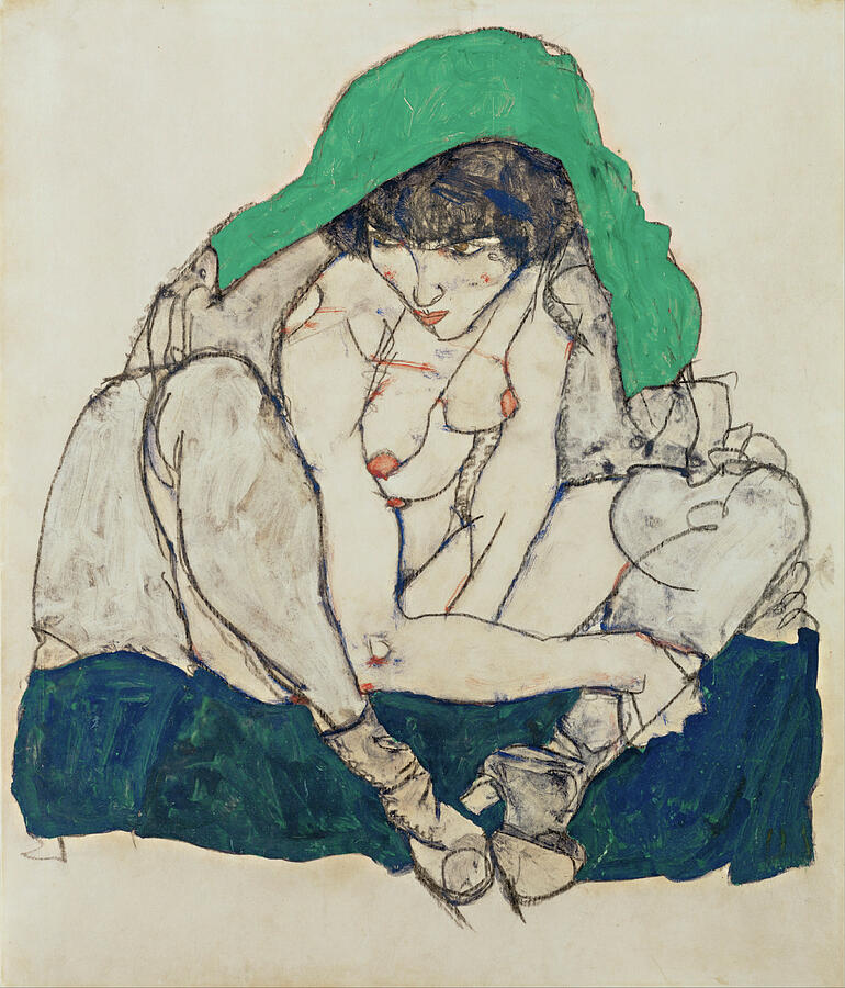 Crouching Woman with Green Headscarf, from 1914 Drawing by Egon Schiele