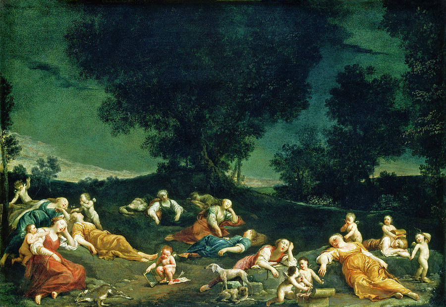  Cupids Disarming Sleeping Nymphs #2 Painting by Giuseppe Maria Crespi