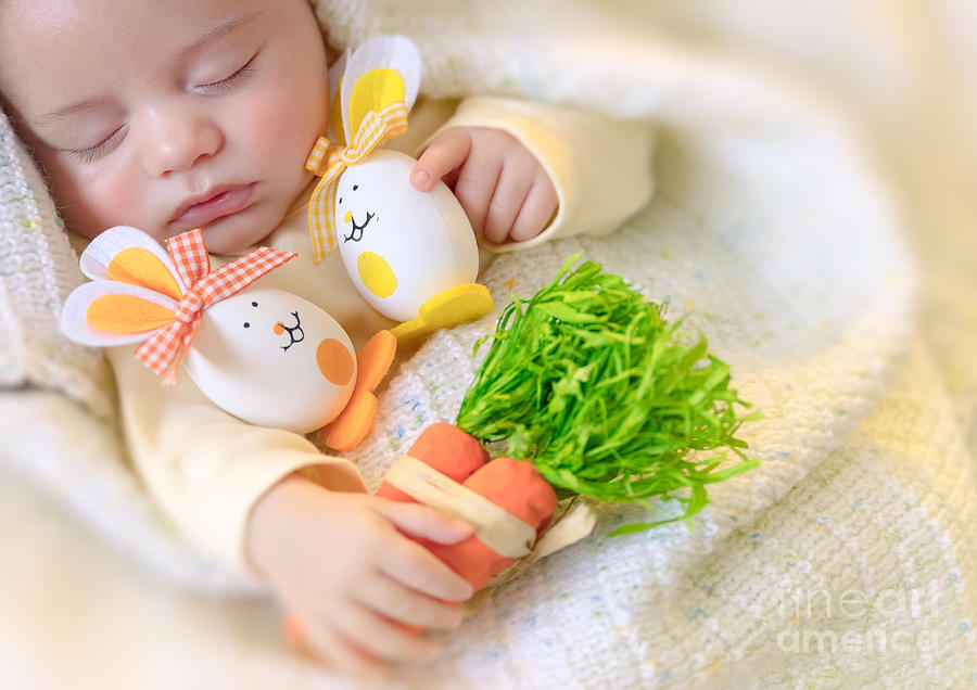 Cute baby sleeping with Easter decorations #2 Photograph by Anna Om
