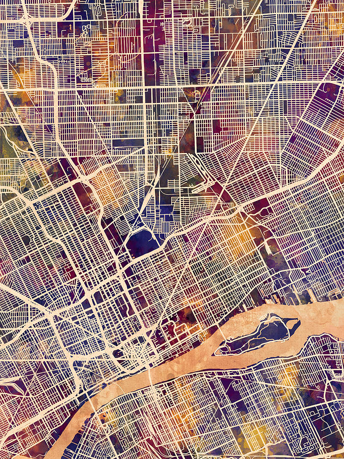 Detroit Michigan City Map #2 Digital Art by Michael Tompsett