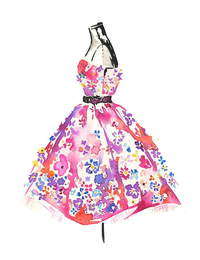 Dior Floral Dress, Watercolor Fashion Illustration Painting by Koma Art