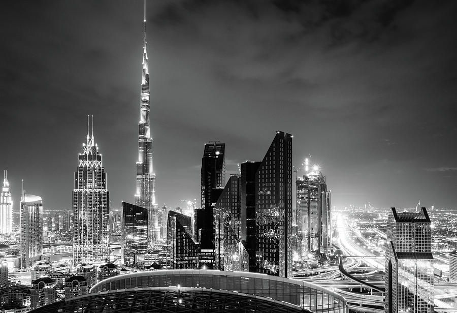Dubai downtown skyline black and white Photograph by Alexey Stiop