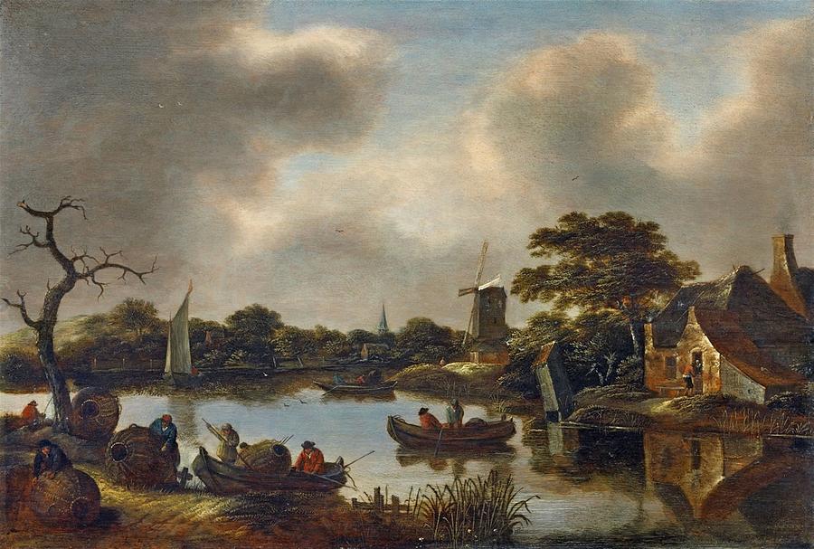 Claes Molenaer Painting - Dutch Landscape with Fishers #2 by MotionAge Designs