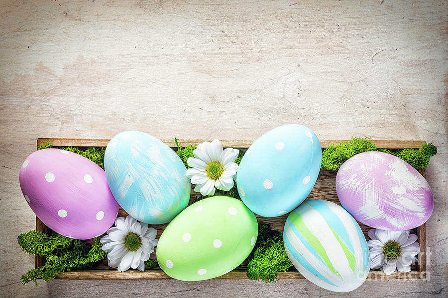 Easter decoration - eggs and flowers on a wood #2 Photograph by Michal Bednarek
