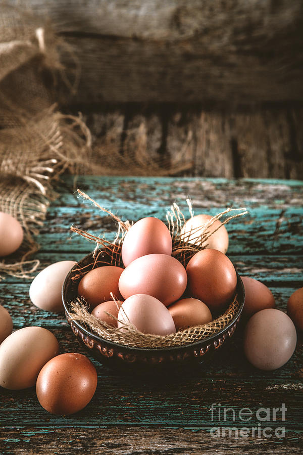 Bread Photograph - Eggs  on wood #2 by Mythja Photography