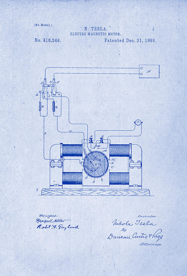 Electro Magnetic Motor - Nikola Tesla Patent Drawing from 1889 ...