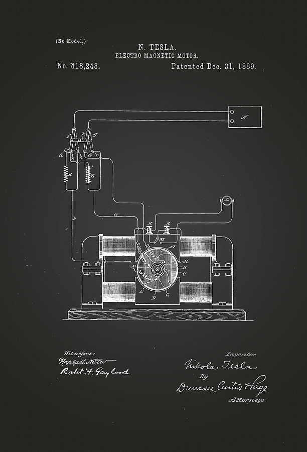 Electro Magnetic Motor - Nikola Tesla Patent Drawing from 1889 ...