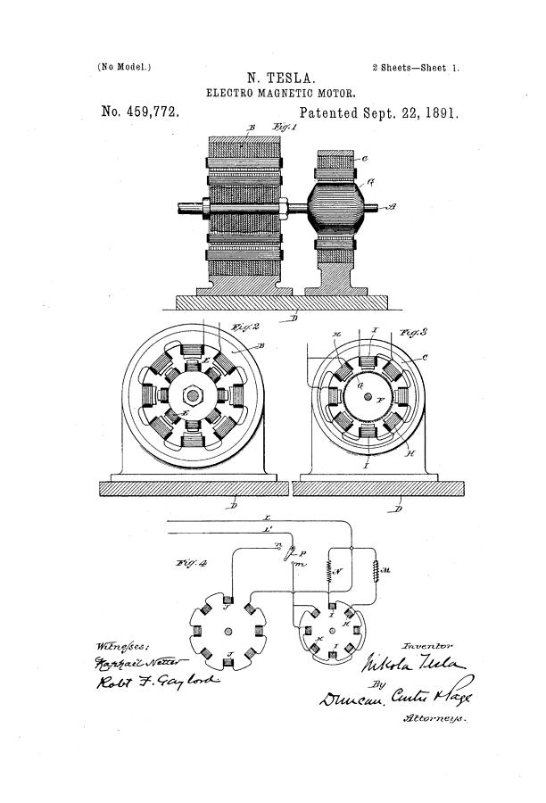 Electro Magnetic Motor - Nikola Tesla Patent Drawing From 1891 - Black ...