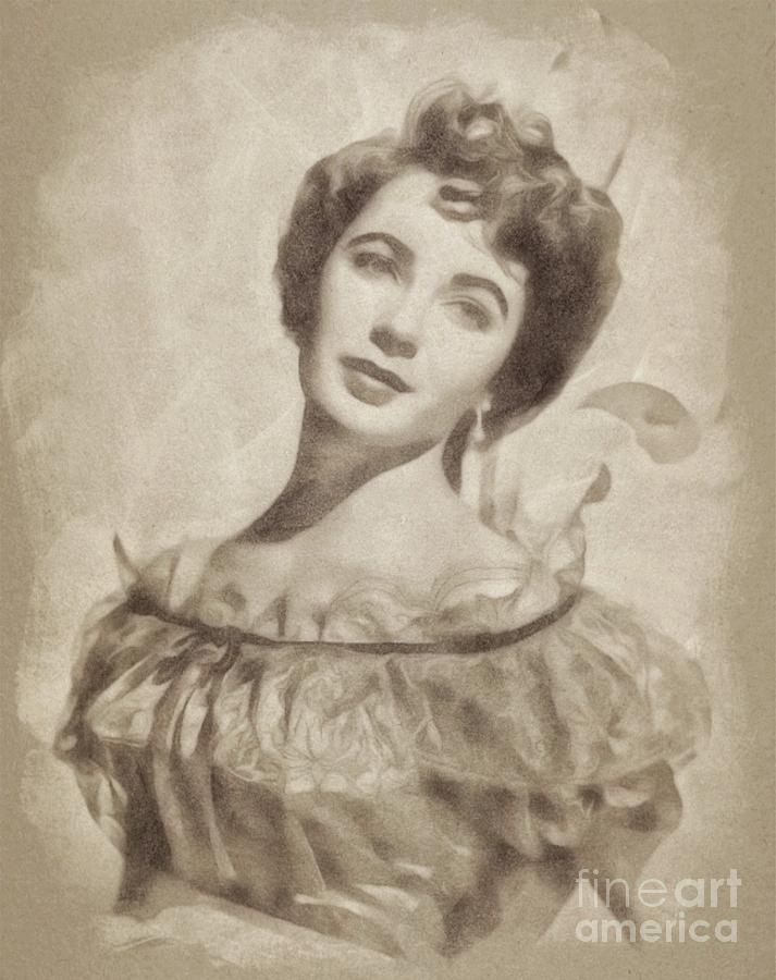 Elizabeth Taylor, Vintage Hollywood Legend By John Springfield Drawing