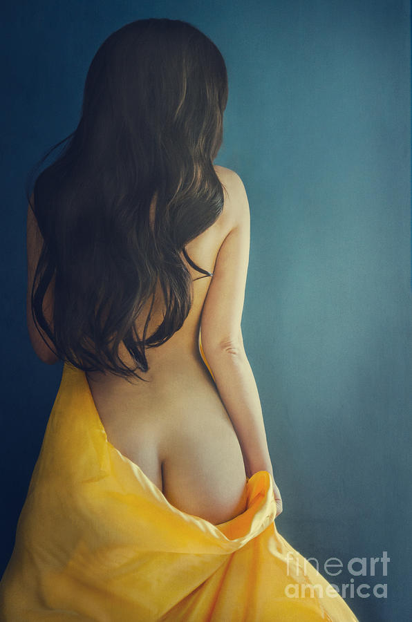 Woman with yellow silk on blue background Photograph by Jelena Jovanovic