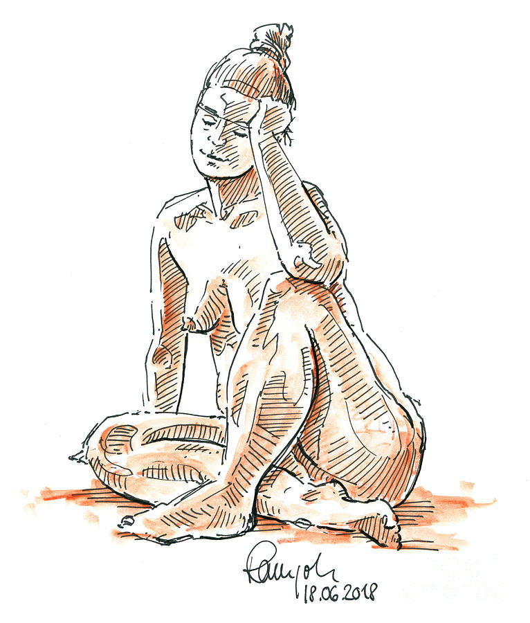 Female Figure Drawing Sitting Pose Fountain Pen Ink Drawing by Frank