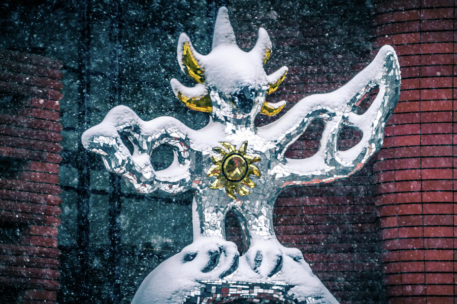Firebird Statue Made Of Glass During Snow Storm In Upton Charlot #2 Photograph by Alex Grichenko