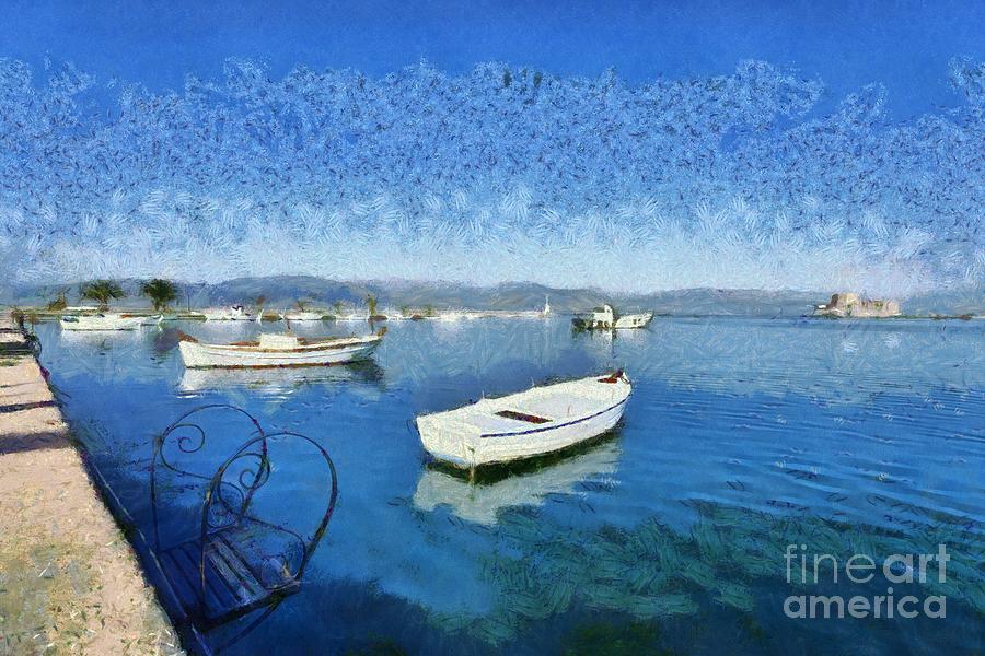 Fishing boats in Nafplio town #3 Painting by George Atsametakis