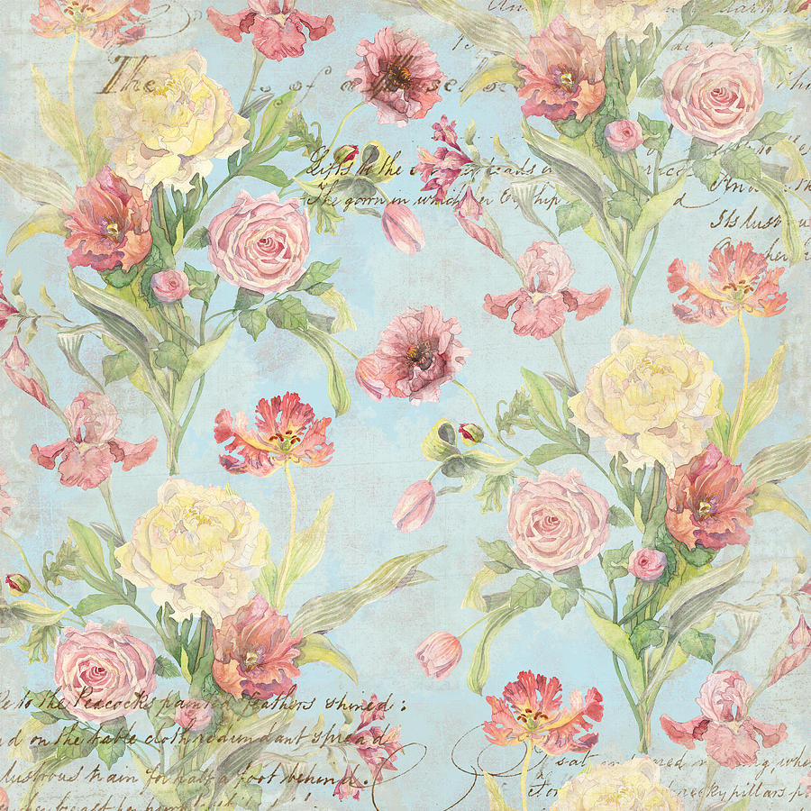 Fleurs de Pivoine - Watercolor in a French Vintage Wallpaper Style #2 Painting by Audrey Jeanne Roberts