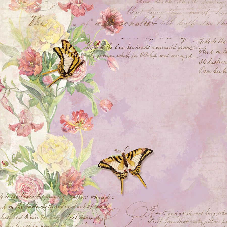 Fleurs de Pivoine - Watercolor w Butterflies in a French Vintage Wallpaper Style #2 Painting by Audrey Jeanne Roberts