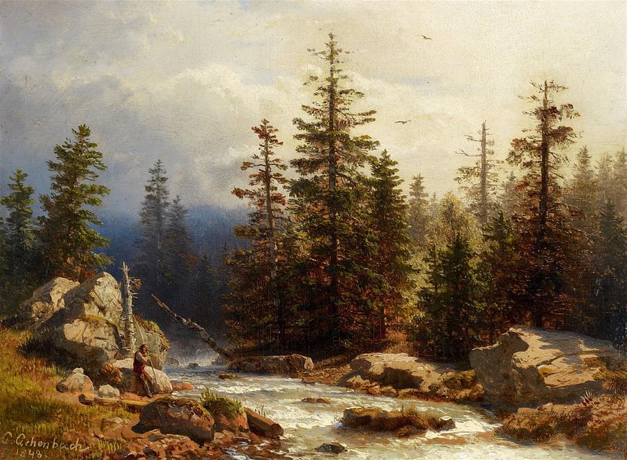 Forest Landscape with an Angler Painting by MotionAge Designs