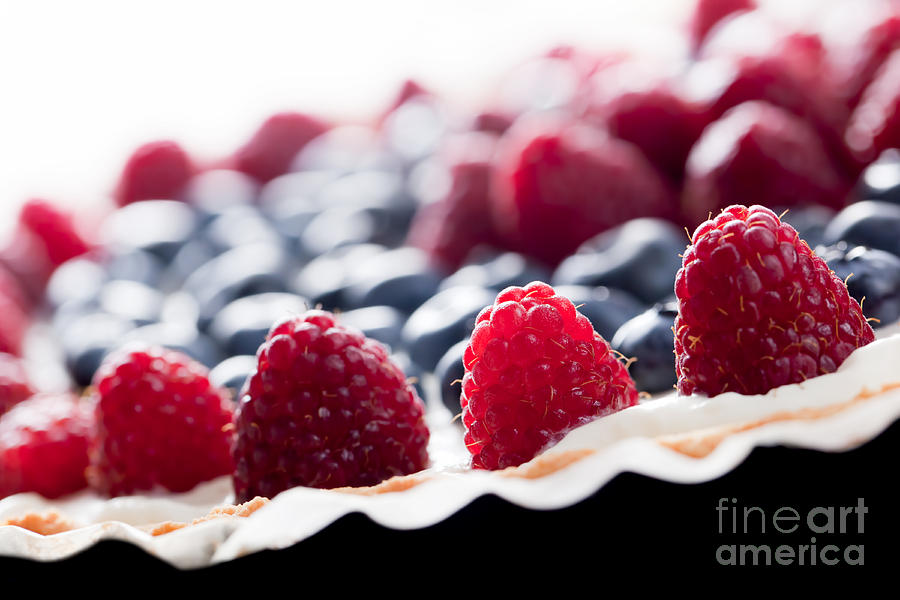 Fruit Photograph - Fruit tart with fresh raspberry and blueberry #2 by Michal Bednarek