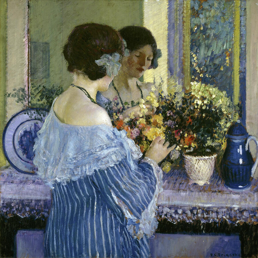 Girl in Blue Arranging Flowers, from 1915 Painting by Frederick Carl Frieseke
