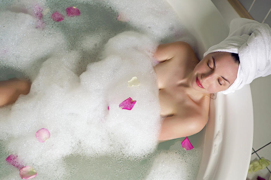 Sexy Young Beautiful Girl Is Lying In A Stone Gray Large Bathroom With Foam  #2 Bath Towel by Elena Saulich - Pixels