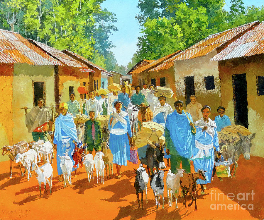 Sheep Painting - Going to market #2 by Yoseph Abate