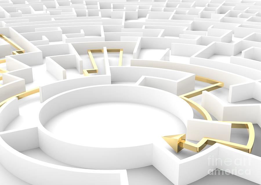 Gold arrow going through maze showing a solution. Business strategy concepts. #2 Photograph by Michal Bednarek