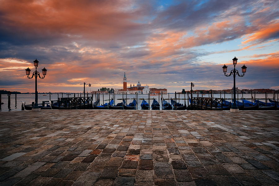 Gondola and San Giorgio Maggiore island sunrise #2 Photograph by Songquan Deng
