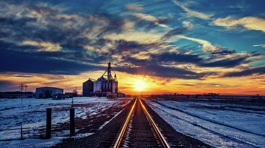 Grain Elevator And Rail Line At Sunset #2 Photograph by Mountain Dreams