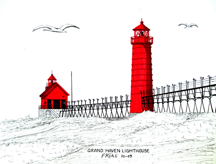 Grand Haven Lighthouse #2 Drawing by Frederic Kohli