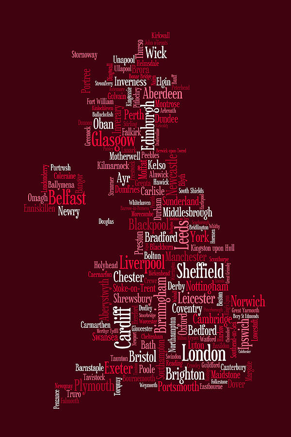 Great Britain UK City Text Map #2 Digital Art by Michael Tompsett