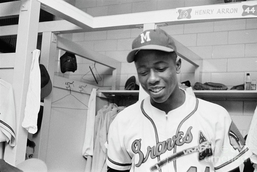 Hank Aaron in the locker room, 1958 #2 Photograph by The Harrington Collection